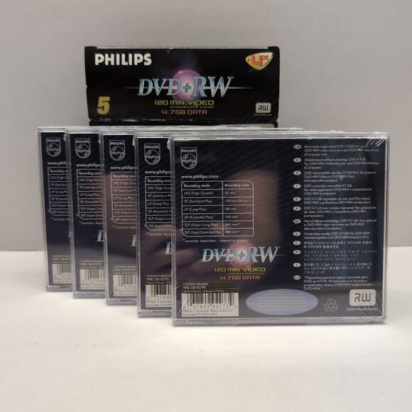 Philips DVD+RW 4.7GB 120 Minute 5 Pack Recordable Disks 1-4X Speed Sealed - Picture 2 of 12